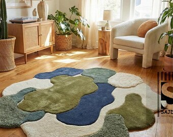 Organic Flow Abstract Hand-Tufted Wool Rug – Blue, Olive & Ivory by Sajda Home