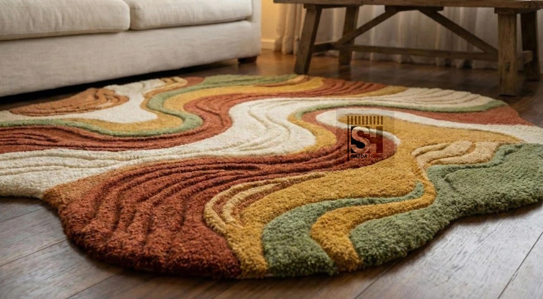 Hand Tufted Wool Area Rug – Abstract Wavy Design, Earth Tone - Etsy