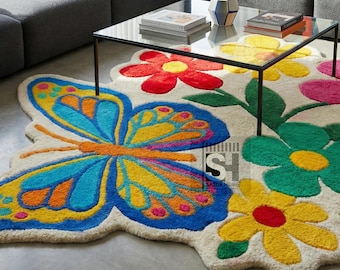 Hand Tufted Wool Rug,The Enchanted Garden: Plush Butterfly & Floral Nursery Rug