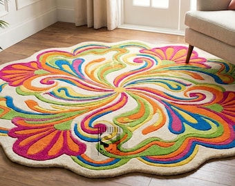 Rainbow Bloom Hand-Tufted Rug | Floral Swirl Design | Colorful Wool Carpet