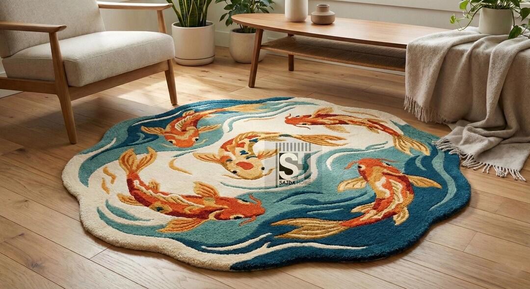 Hand-tufted Wool Koi Fish Rug | Irregular Japanese Decor - Etsy