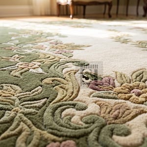 Puede incluir: Primer plano de una alfombra beige y verde con estampado floral. La alfombra presenta un dise&ntilde;o detallado con varios tonos de verde, beige y toques de rosa. Los bordes son de color verde liso y la alfombra parece estar hecha de un material suave y texturizado.