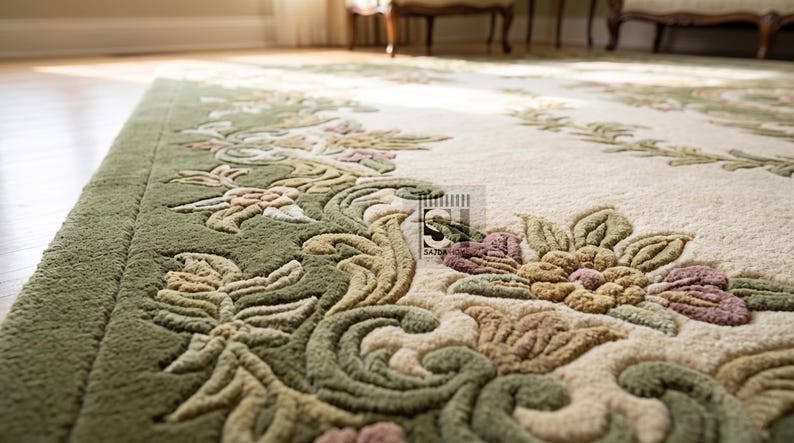 Puede incluir: Primer plano de una alfombra beige y verde con estampado floral. La alfombra presenta un dise&ntilde;o detallado con varios tonos de verde, beige y toques de rosa. Los bordes son de color verde liso y la alfombra parece estar hecha de un material suave y texturizado.