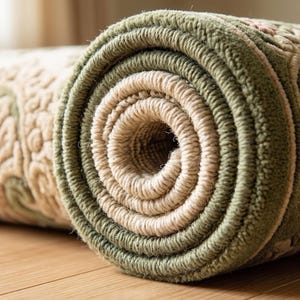 Puede incluir: Alfombra enrollada con un estampado floral en tonos verdes, beige y rosa. El borde de la alfombra es de color verde oscuro, y la secci&oacute;n enrollada revela las capas de la alfombra. La alfombra est&aacute; sobre un suelo de madera.