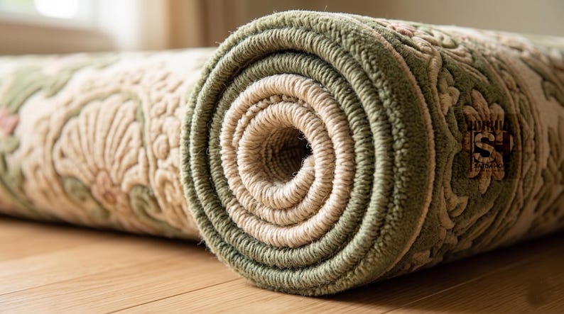 Puede incluir: Alfombra enrollada con un estampado floral en tonos verdes, beige y rosa. El borde de la alfombra es de color verde oscuro, y la secci&oacute;n enrollada revela las capas de la alfombra. La alfombra est&aacute; sobre un suelo de madera.