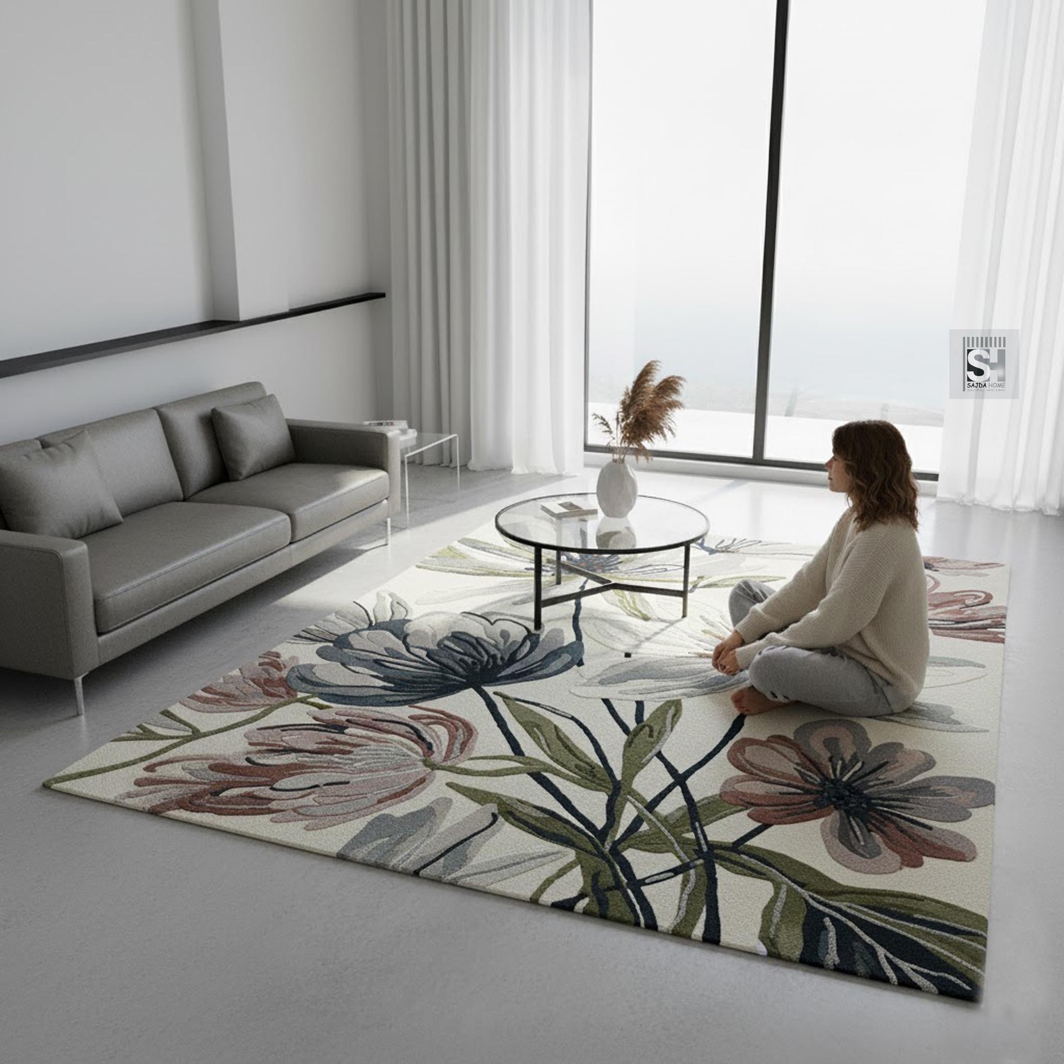Hand Tufted Wool Floral Area Rug | Modern Botanical Carpet, Pastel ...