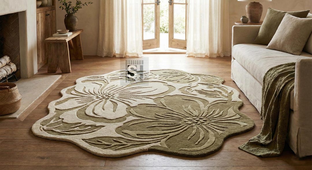 Floral Hand-tufted Area Rug – Sage & Ivory Sculpted Wool Carpet - Etsy