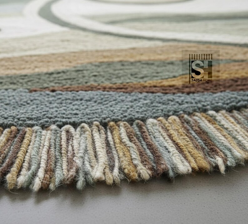 Puede incluir: Primer plano de una alfombra multicolor con una superficie texturizada y un borde con flecos. La alfombra presenta rayas horizontales en tonos marrones, verdes y grises, con un dise&ntilde;o de remolino crema. La alfombra est&aacute; hecha de un material suave y tejido.