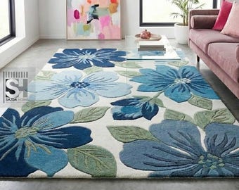 Alfombra de lana tejida a mano / Alfombra floral 3D azul y verde