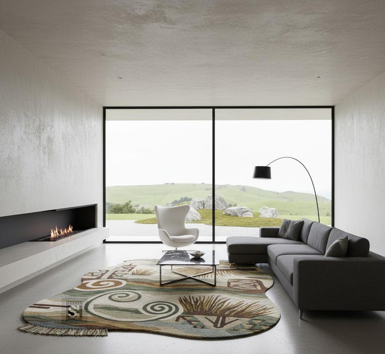 Puede incluir: Un sal&oacute;n moderno con un sof&aacute; seccional gris, un sill&oacute;n blanco y una alfombra estampada. Una l&aacute;mpara de pie negra se arquea sobre el sof&aacute;. Una chimenea con llamas est&aacute; empotrada en la pared. Grandes ventanales ofrecen vistas a un paisaje verde.