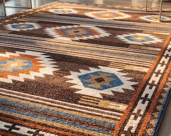 Hand-Tufted Wool Area Rug | Southwestern Aztec Geometric Pattern, Earth Tones, Boho Living Room Decor