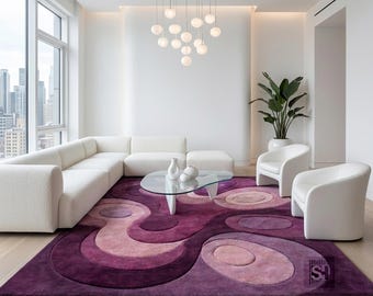 Hand-Tufted Purple Abstract Swirl Rug | Retro 70s Wavy Pink & Plum Carpet | Custom Statement Area Rug