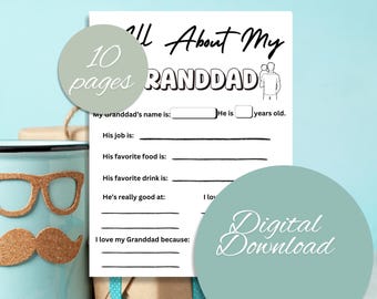 May include: A printable "All About My Granddad" questionnaire with fill-in-the-blank prompts. The black text on white paper includes questions about his name, job, and favorites. A teal mug with a mustache and glasses decor is in the background.