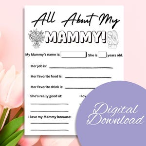 Tutto sulla mia mamma / Regalo sentimentale per la festa della mamma dai bambini / Regalo di compleanno / Download digitale / Regalo dell'ultimo minuto / Stampabile.