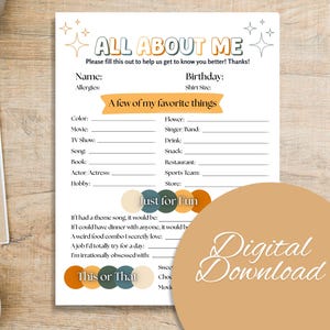 All About Me | Favorite Things List | New Employee Questionnaire | Getting to Know You | Student Questionnaire | This or That| Team Building