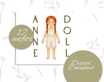 Set di bambole di carta stampabili di Anna dai capelli rossi - 12 abiti vintage / Lavoretti da ritagliare e giocare per bambini / Download immediato
