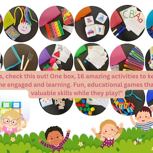 Op de afbeelding: Een kleurrijke set van 16 educatieve spellen en activiteiten voor kinderen. De spellen bevatten activiteiten zoals tellen, matchen en sorteren. De set is verpakt in een doos met een roze deksel. De tekst op de doos luidt "Ouders, bekijk dit! Eén doos, 16 geweldige activiteiten om je kleintje bezig te houden en te laten leren. Leuke, educatieve spellen die waardevolle vaardigheden leren terwijl ze spelen!"