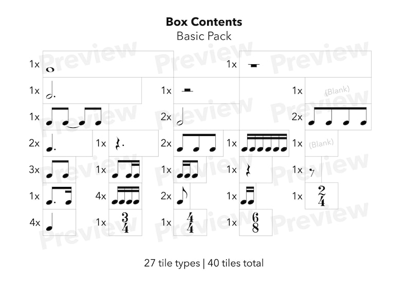 May include: A black and white image showing the contents of a music tile game. The image shows 27 different tile types with a total of 40 tiles. The tiles include musical notes, rests, and time signatures.