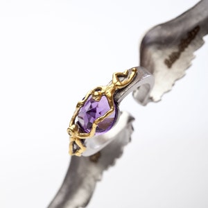 May include: A silver ring with a gold filigree design and a large, oval-cut purple gemstone. The ring is held by a silver wing-shaped element, creating a unique and artistic presentation. The ring's design is intricate and eye-catching.