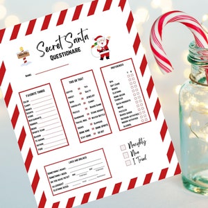 Afdrukbare vragen Secret Santa, kerstverlanglijst, Secret Santa collega, bewerkbaar cadeauruilformulier, All About Me-enquête