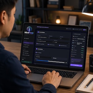 May include: A laptop displaying the MindForge software interface with dark mode settings, review configurations, and audio options. The screen shows a dashboard with various toggles and progress bars, while a black mug with the MindForge logo sits nearby.