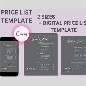 Editable Beautician Price List Template for small business | Canva Price List  | Digital Pricing for Salon | Dark Gray Minimalist Printable