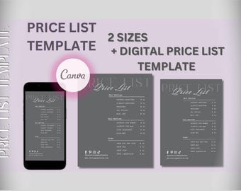 Editable Beautician Price List Template for small business | Canva Price List  | Digital Pricing for Salon | Dark Gray Minimalist Printable