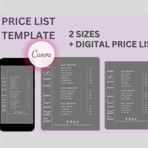 Editable Beautician Price List Template for small business | Canva Price List  | Digital Pricing for Salon | Dark Gray Minimalist Printable