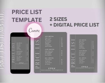 Editable Beautician Price List Template for small business | Canva Price List  | Digital Pricing for Salon | Dark Gray Minimalist Printable