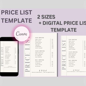 Editable Beautician Price List Template for small business | Canva Price List  | Digital Pricing for Salon | Minimalist Printable