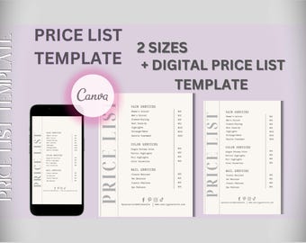 Editable Beautician Price List Template for small business | Canva Price List  | Digital Pricing for Salon | Minimalist Printable