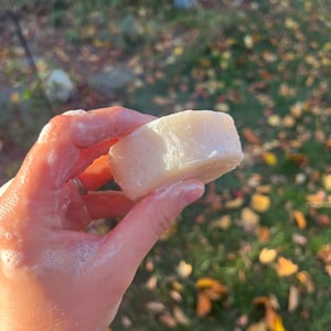 May include: A white round bar of soap with a foamy texture, held in a hand.