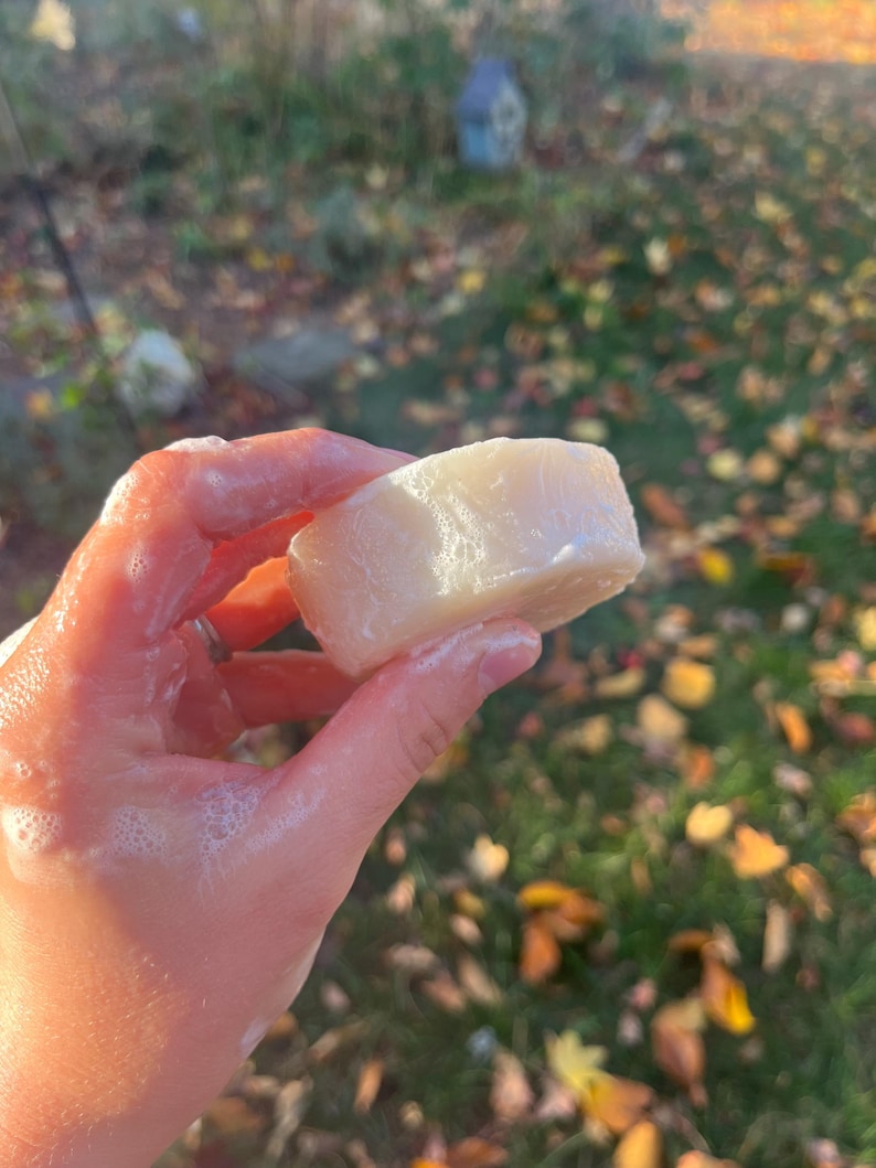 May include: A white round bar of soap with a foamy texture, held in a hand.