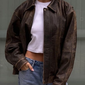 Blouson bomber oversize marron fait main en cuir d'agneau souple pour femme | Veste en cuir véritable pour femme, tenue décontractée, cadeau pour femme