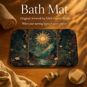 Könnte beinhalten: Rechteckige Badematte mit einem Himmelsdesign mit Sonnenstrahlen, Bergen und floralen Elementen in Türkis, Gold und Braun. Der Text "Bath Mat" und "Where your morning begins in quiet comfort" sind sichtbar.