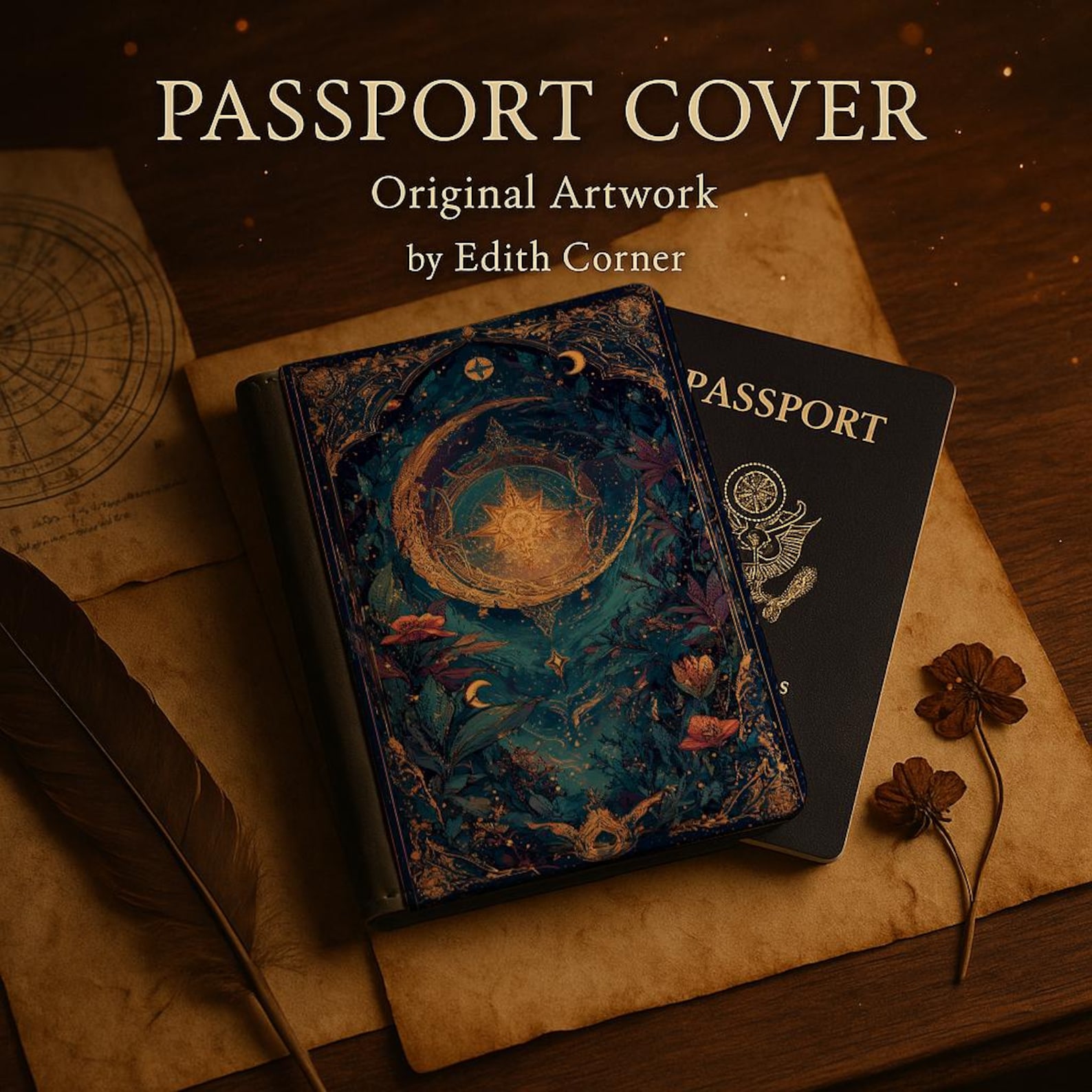 Celestial Passport Cover, Cute RFID Case, Blooming Compass, Travel Gift for Him or Her, Designer Passport Holder, Birthday or Graduation