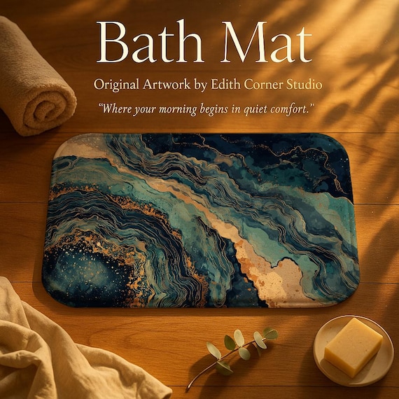 Abstract Geode Blue and Gold Memory Foam Bath Mat, Anti-Slip Bathroom Rug
