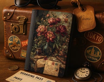 Portapasaporte personalizado con diseño de peonía: billetera RFID con diseño floral vintage