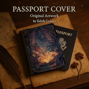 Może przedstawiać: Okładka na paszport z oryginalną grafiką autorstwa Edith Corner. Okładka przedstawia szczegółową ilustrację fantastycznego krajobrazu z książką pośrodku. Obok okładki znajduje się paszport, pióro i suszone kwiaty.