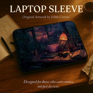 May include: Laptop sleeve featuring original artwork by Edith Corner. The design showcases a detailed illustration of a desk scene with a laptop, lamp, and headphones. The text reads "Designed for those who carry stories, not just devices."