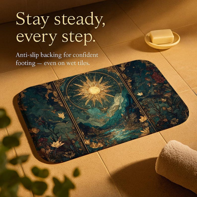 Tapete de Banho Celestial Art Déco, Tapete de Banheiro Macio de Espuma Viscoelástica Antiderrapante, Design Estético de Raios de Sol Fantásticos imagem 4
