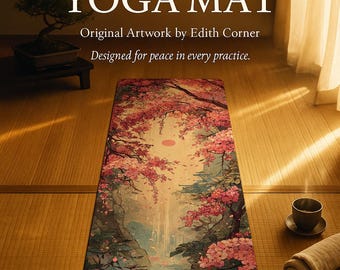 May include: Yoga mat with a serene landscape design featuring pink cherry blossoms, a waterfall, and a soft, neutral color palette. The mat has the text "YOGA MAT" and "Original Artwork by Edith Corner".