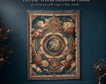Manta tejida con mapa celestial, tapiz floral vintage, Atlas en flor