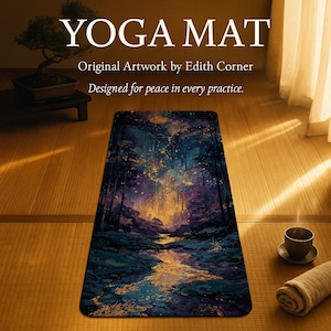 May include: Yoga mat with a forest scene in shades of blue, purple, and gold. The mat has the words "YOGA MAT" at the top, with the text "Original Artwork by Edith Corner" and "Designed for peace in every practice."