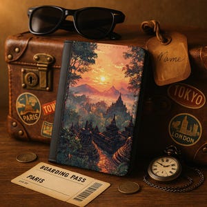Vintage Passport Holder Leather, Borobudur Temple at Sunrise, Cute Passport Cover Designer RFID Multiple Protection