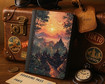 Portapasaportes del Templo de Borobudur, diseño Amanecer, piel sintética, cartera con bloqueo RFID
