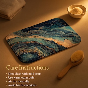 抽象的なジオードブルーとゴールドの低反発素材のバスマット、滑り止めバスルームラグ 画像 6