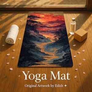 Artistic Yoga Mat, Crimson Flow, Meditation and Mindfulness Gift, Rubber Fitness and Exercise Mat, Anti-slip Gym Mat, Cute Yoga Lover