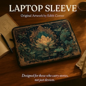 Op de afbeelding: Laptoptas met een gedetailleerd bloemmotief in teal, blauw en goud. Het kunstwerk toont een grote lotusbloem en andere botanische elementen. De tekst op de hoes luidt "LAPTOP SLEEVE" en "Original Artwork by Edith Corner".