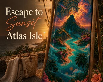 Toalla de playa personalizada con diseño de puesta de sol en Atlas Isle – Ilustración de isla fantástica, regalo para resort tropical